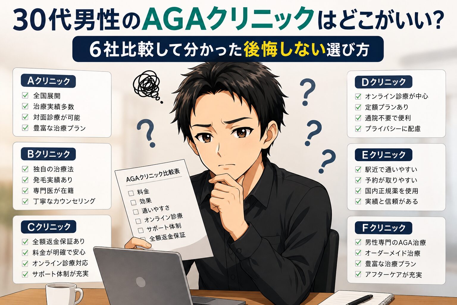 30代男性のAGAクリニックはどこがいい?6社比較して分かった後悔しない選び方